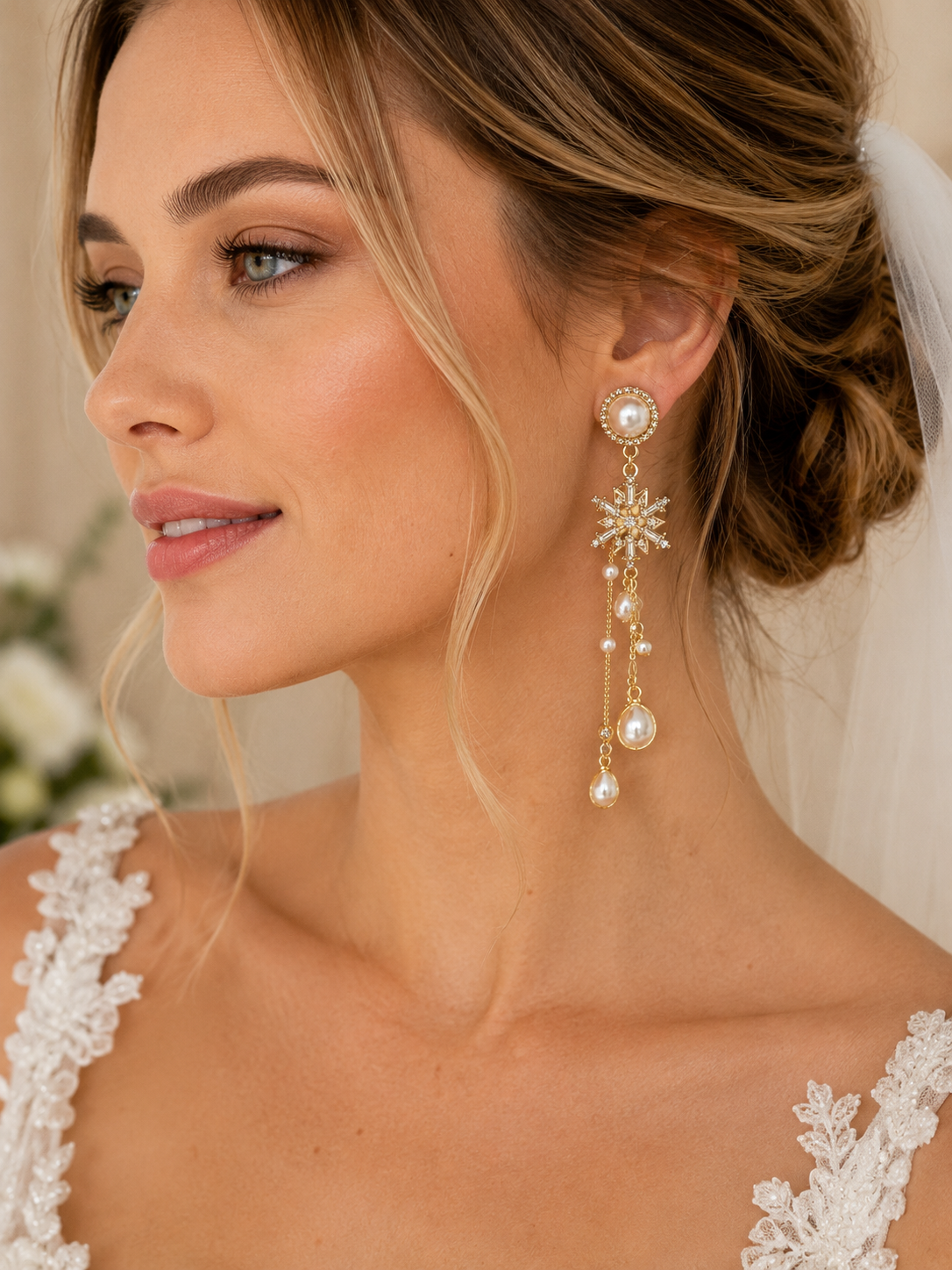Bride wearing snowflake pearl drop earring styled with an updo and veil