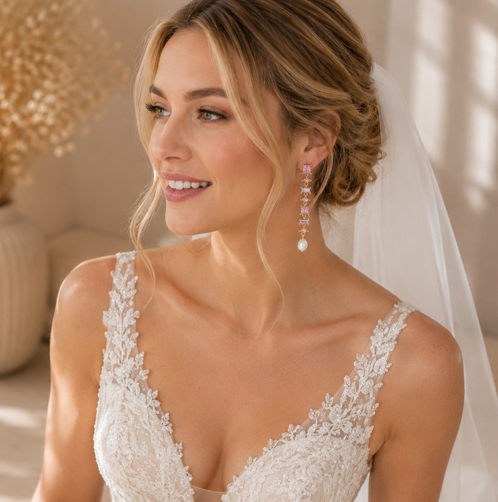 Model wearing rhinestone bridal drop earring with veil and lace wedding dress