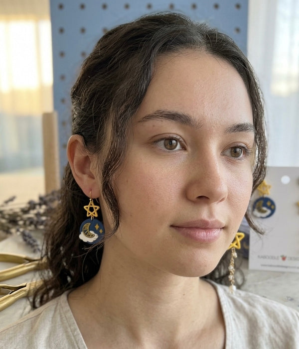 Celestial Star Moon Rabbit Faux Pearl Gold Drop Dangle Earrings