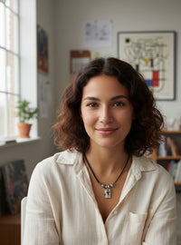 Woman wearing the colour-block pendant necklace over a cream shirt, close-up front view