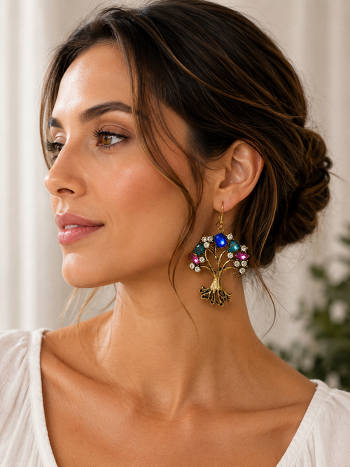 Diamonte Rhinestone Tree Statement Drop Dangle Earrings