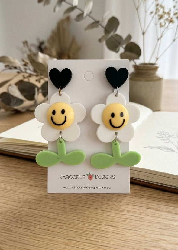 White Happy Smiley Face Flower Heart Stud Earrings
