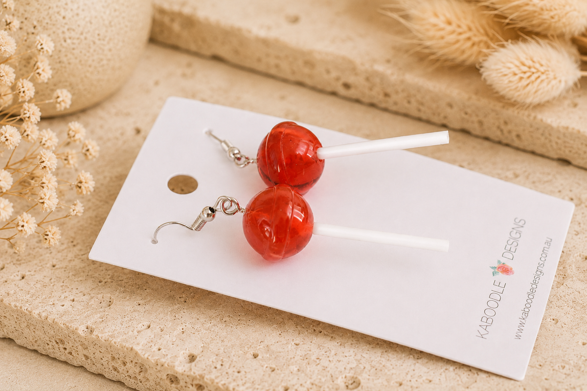 Lollipop Candy Earrings - Red Raspberry Dangle Drops