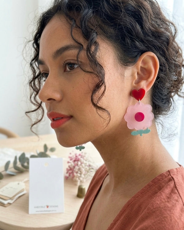 Pink Flower Heart Stud Earrings