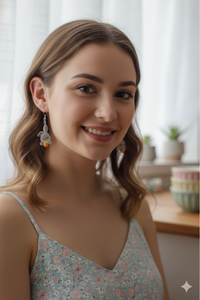 Close-up of woman wearing white bunny and carrot dangle earrings, smiling indoors