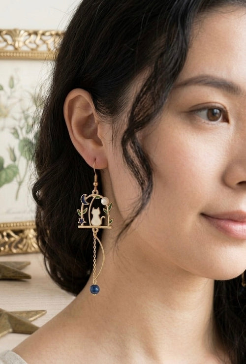Cat Kitten Star Moon Novelty Fun Drop Dangle Earrings