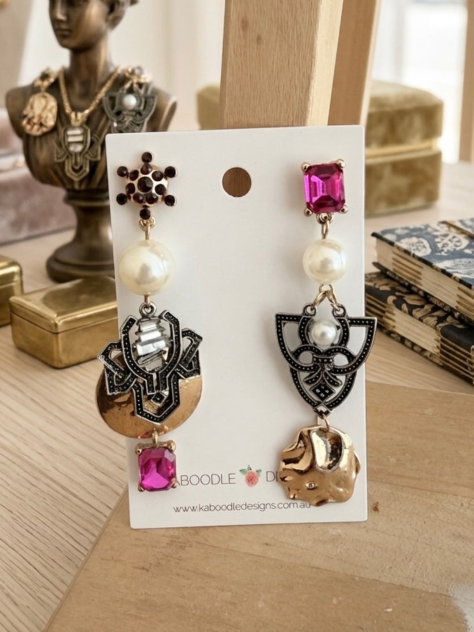 Mismatched Art Deco Faux Pearl & Gem Statement Earrings