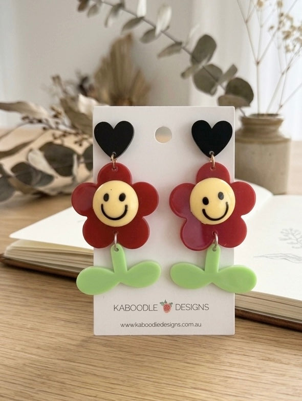Red Happy Smiley Face Flower Heart Stud Earrings