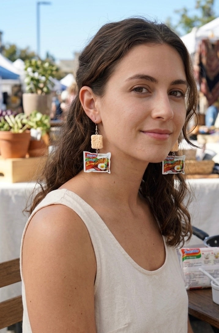 Asian Indonesian Instant Noodles Mi Goreng Fried Noodles Novelty Fun Dangle Earrings