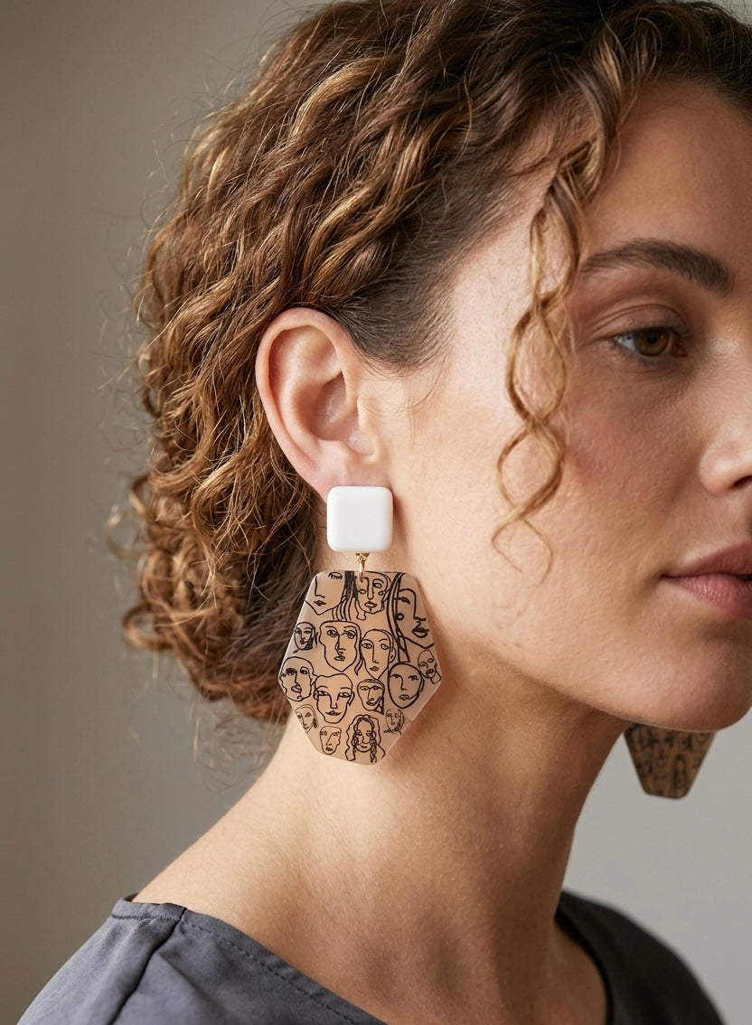 Acrylic Faces Drawing Geometric Drop Dangle Earrings