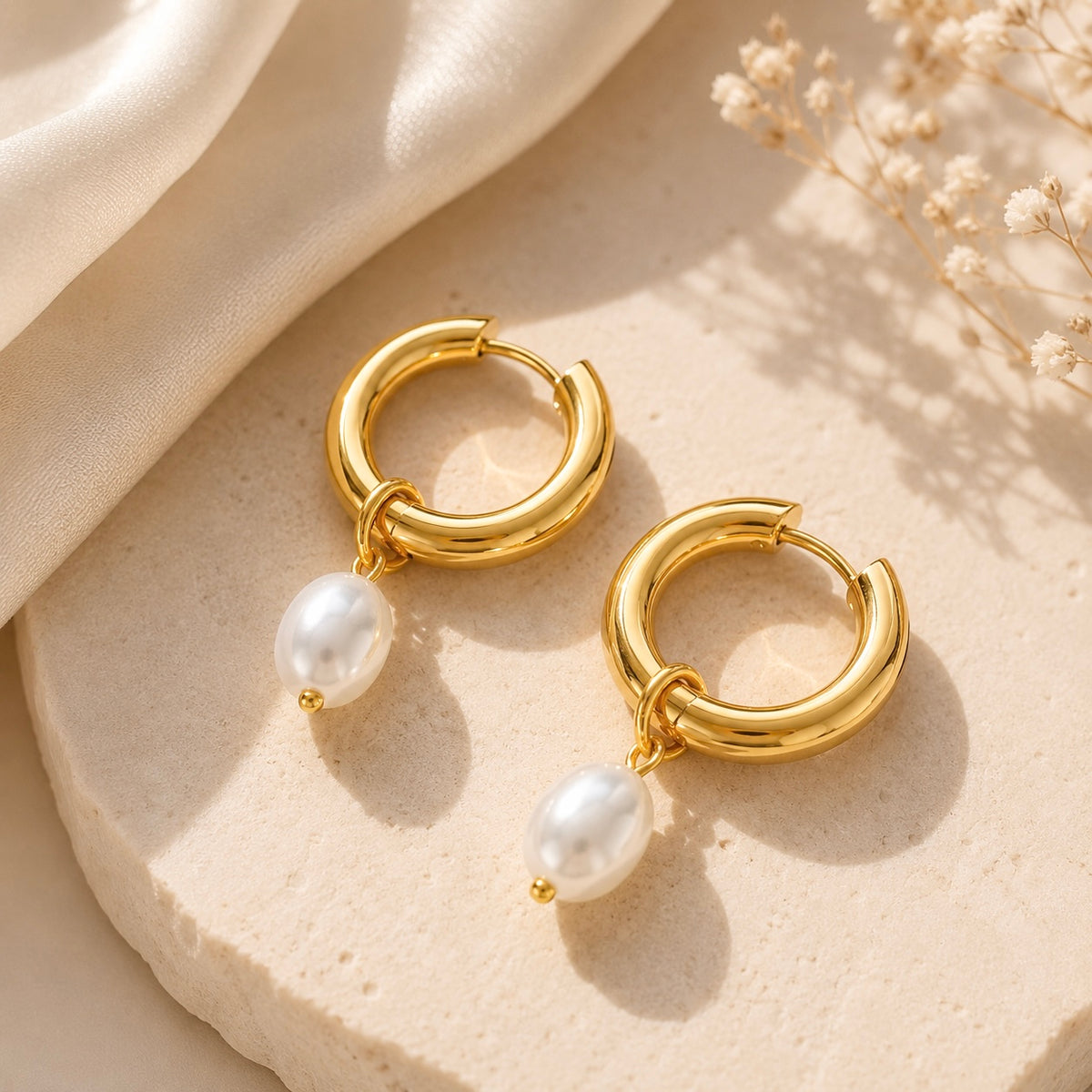 Stainless Steel 18k Faux Pearl Huggies Hoop Earrings