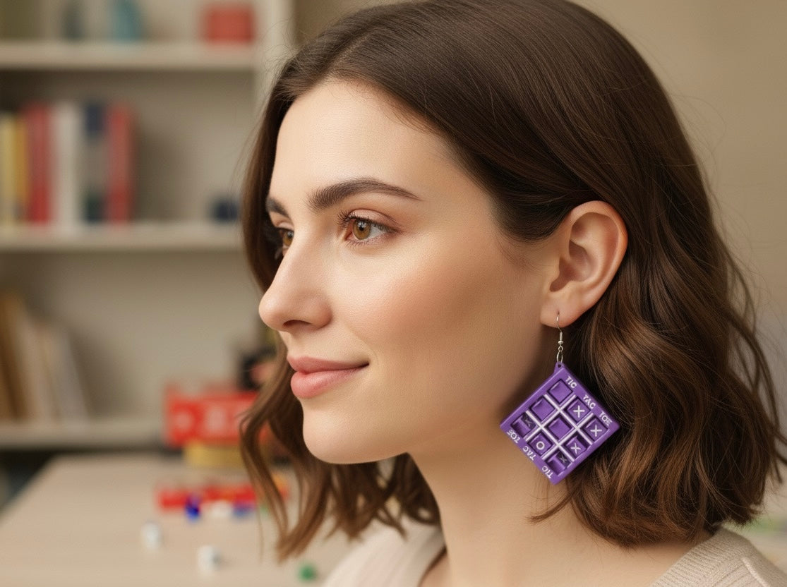 Naughts and Crosses Tic Tac Toe Drop Dangle Earrings - Purple