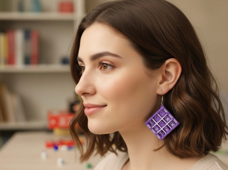 Naughts and Crosses Tic Tac Toe Drop Dangle Earrings - Purple