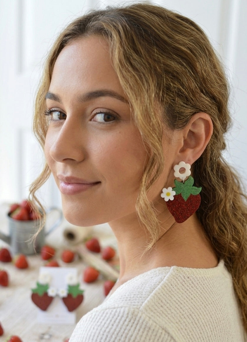 Acrylic Strawberry with Flower Drop Dangle Earrings