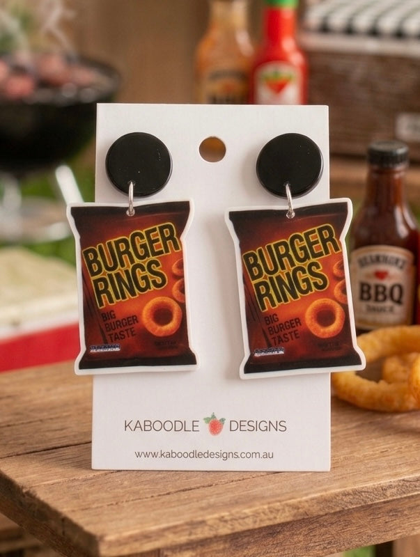 Acrylic Burger Rings packet drop earrings with black stud tops on display card