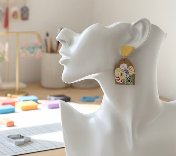 Geometric Mustard Boho Flowers Statement Drop Dangle Earrings