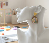 Geometric Mustard Boho Flowers Statement Drop Dangle Earrings