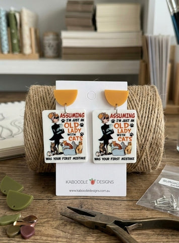 Acrylic Crazy Cat Lady Black Cat Drop Earrings