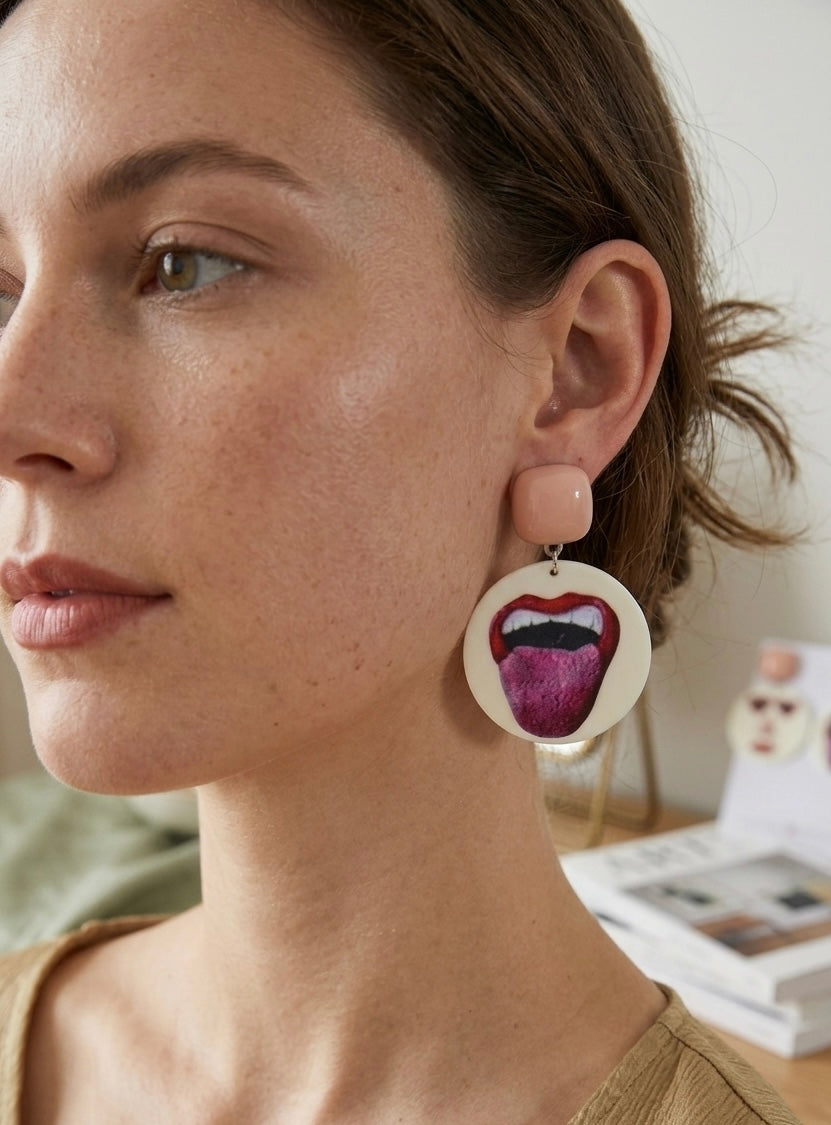 Retro Pop Art Face Tongue Circle Drop Dangle Earrings