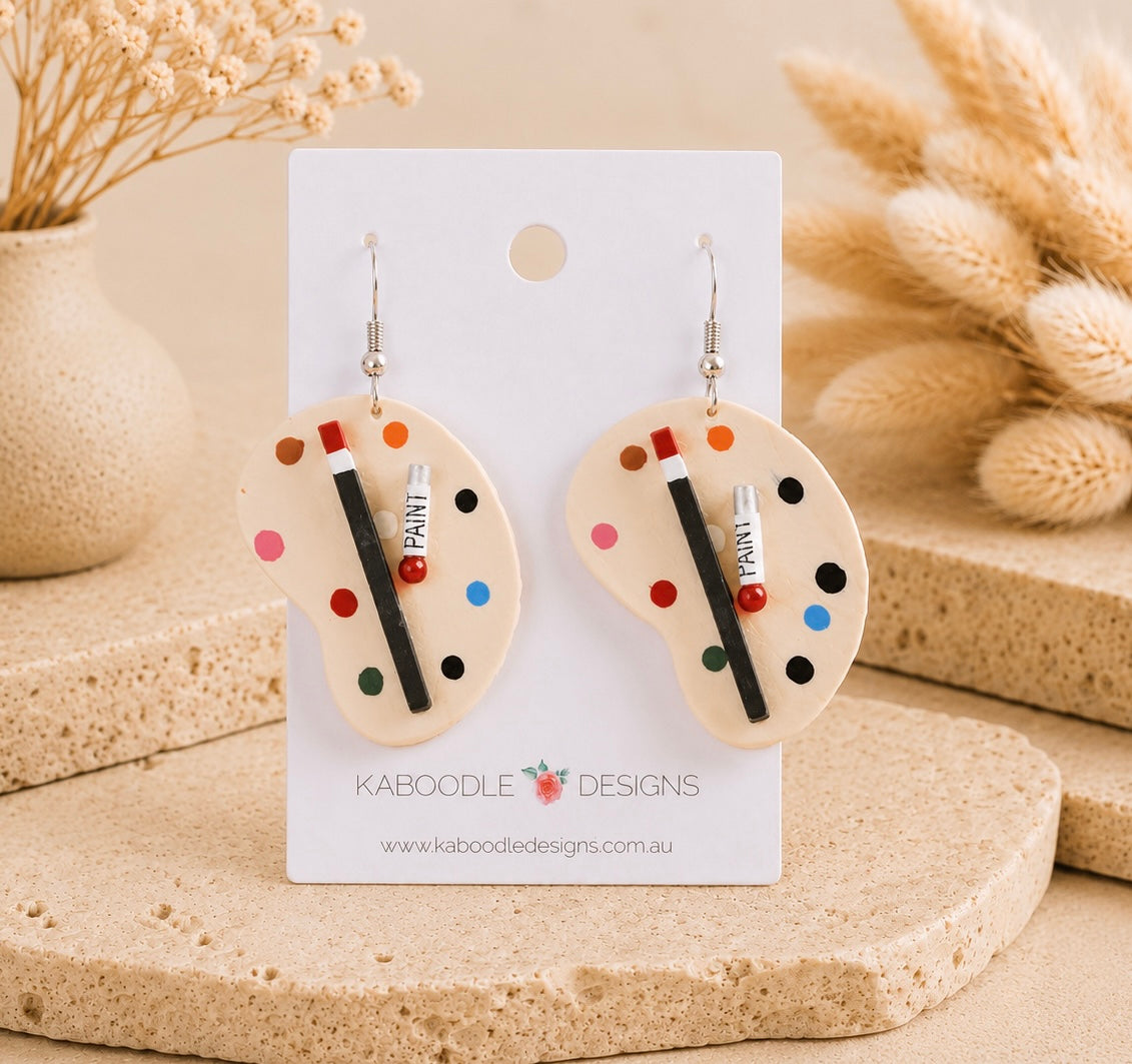 Paint Palette Earrings - Wooden Artist Art Teacher Dangle Drops