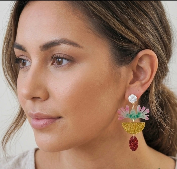 Botanical Oasis Glitter Rainbow Print Flower Drop Dangle Earrings