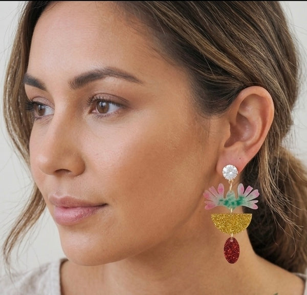 Botanical Oasis Glitter Rainbow Print Flower Drop Dangle Earrings