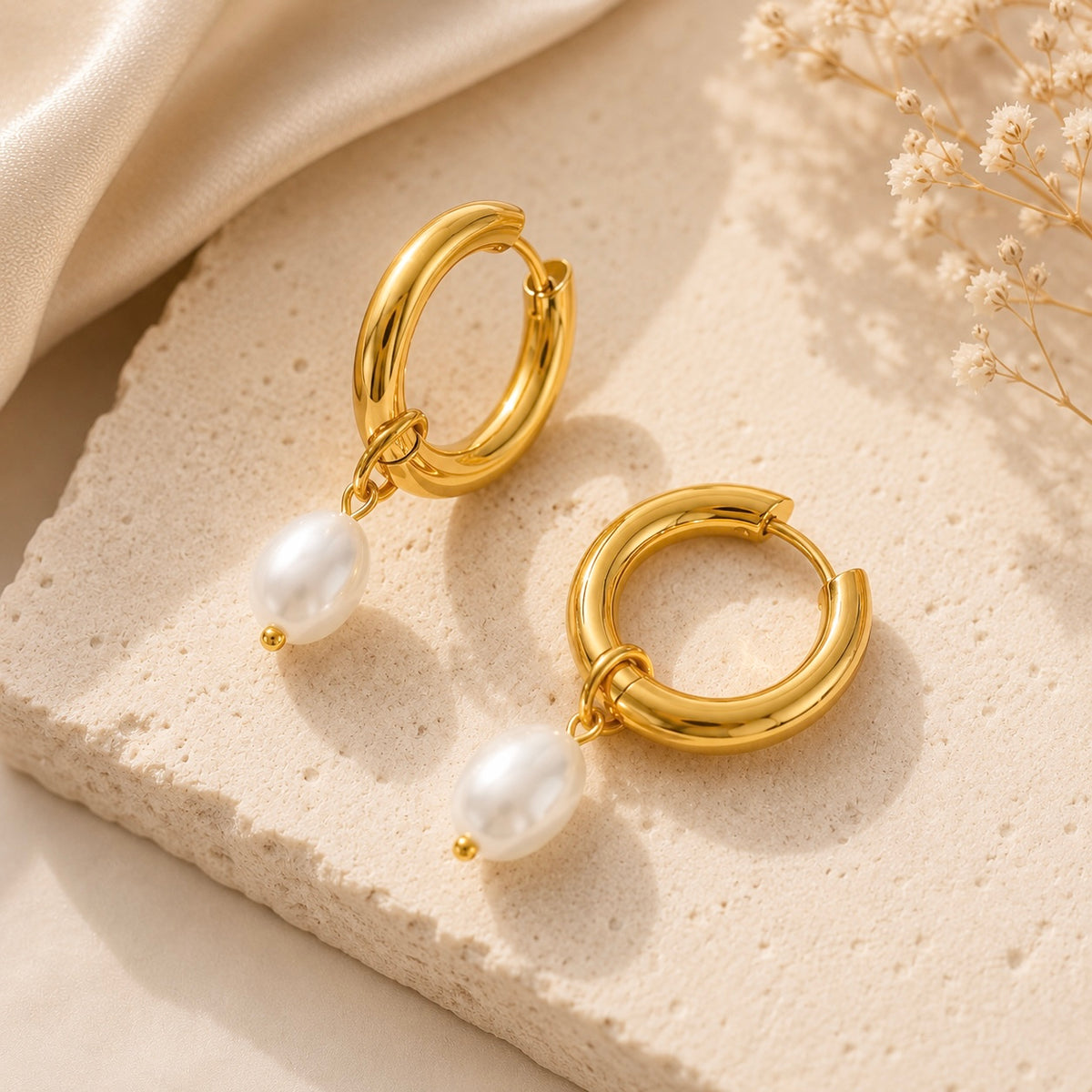 Stainless Steel 18k Faux Pearl Huggies Hoop Earrings