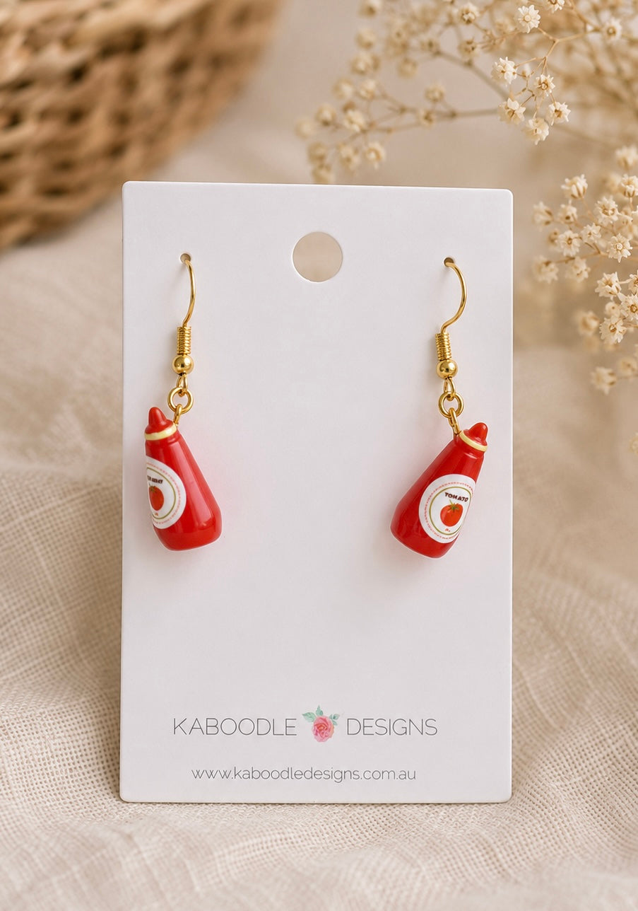 Tomato Ketchup Bottle Earrings - Novelty Dangle Drops