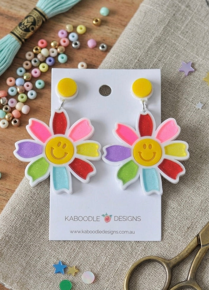 Acrylic You Are My Sunshine Happy flower Dangle Drop Earrings  Rainbow