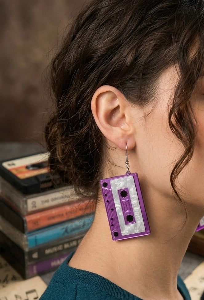 Retro Music Cassette Tape Drop Earrings - Purple
