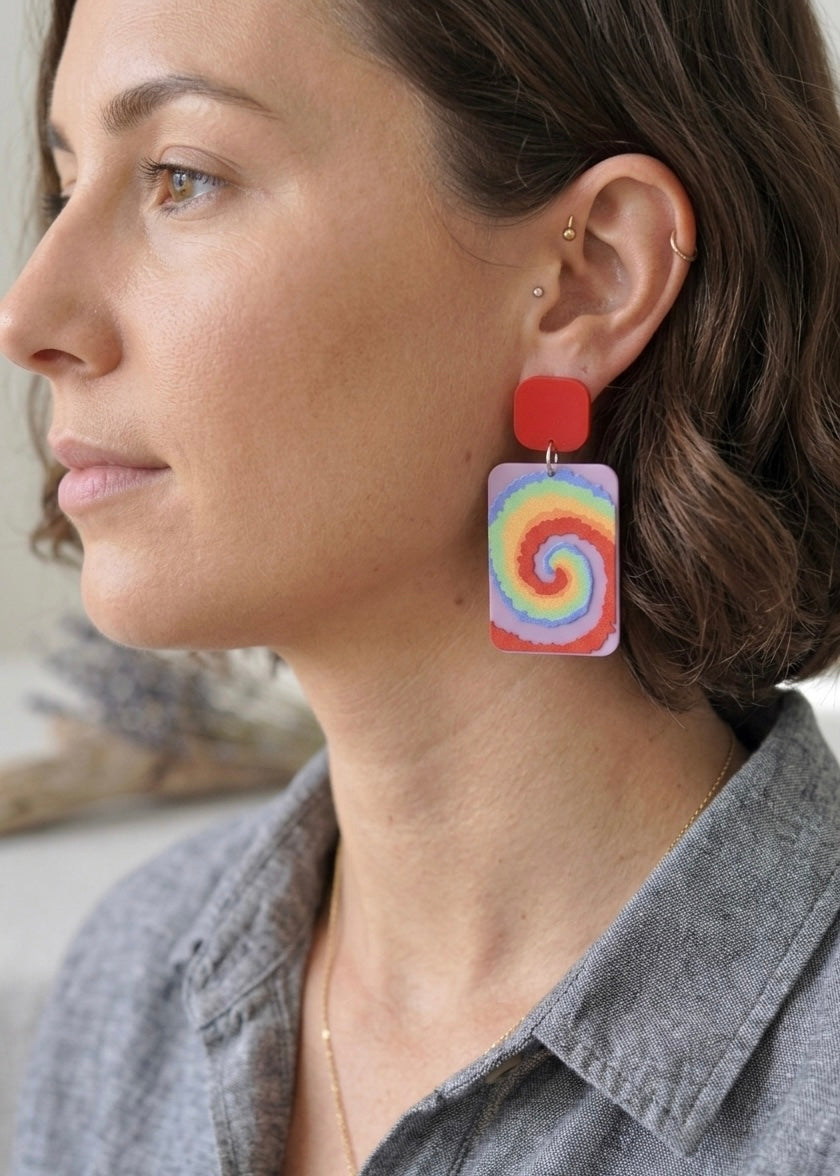 Acrylic Art Rainbow Swirl Drop Dangle Earrings