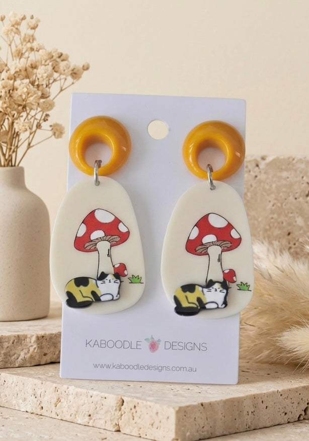 Cat Mushroom Earrings - Acrylic Dangle Drops