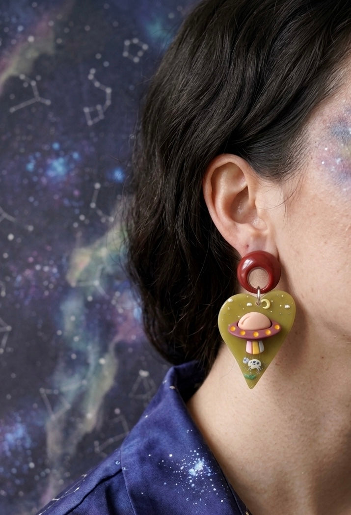 Acrylic Alien UFO Abduction Cow Drop Dangle Earrings
