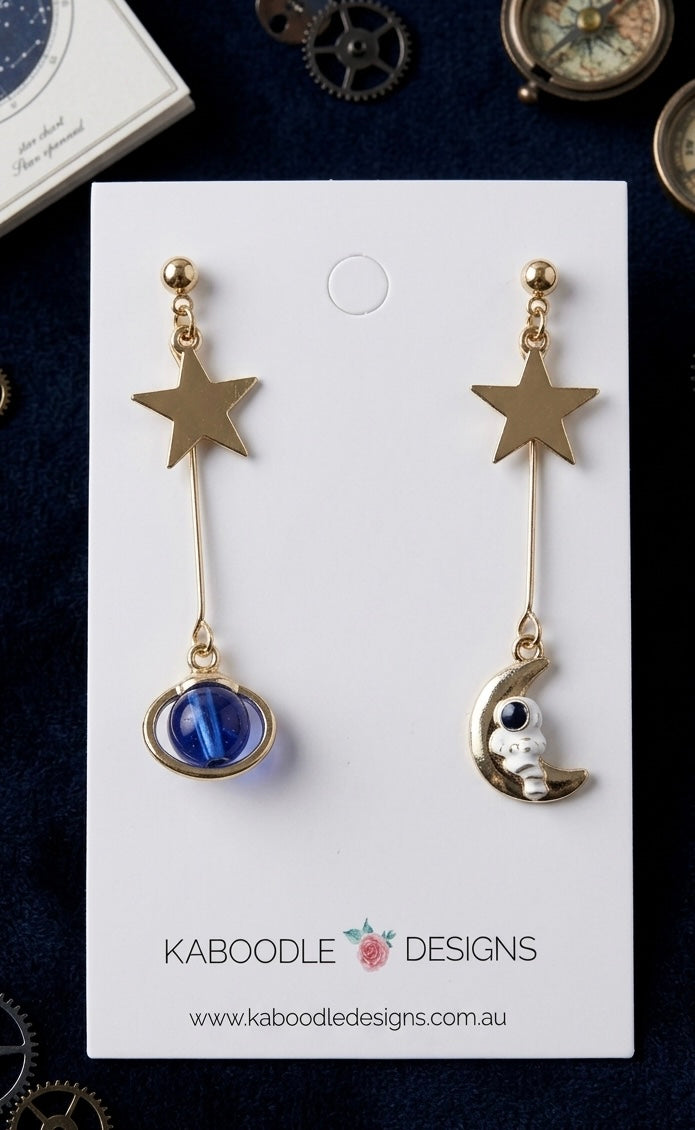 Astronaut Galaxy Universe Star Planet Moon Saturn Novelty Fun Drop Dangle Earrings