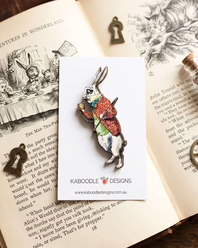 Alice in Wonderland White Rabbit Wooden Brooch