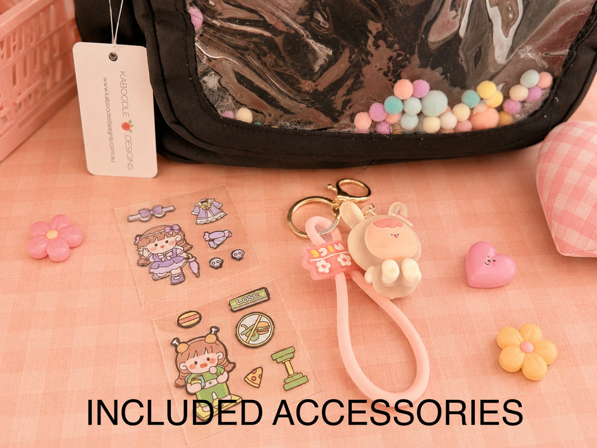 Multi Pocket Kawaii Cute Backpack with Accessories - Black