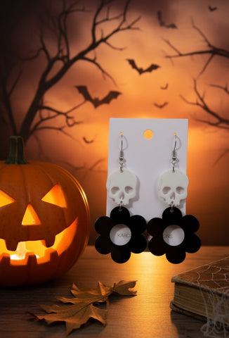 *** Acrylic Halloween Skull and Flower Drop Dangle Earrings