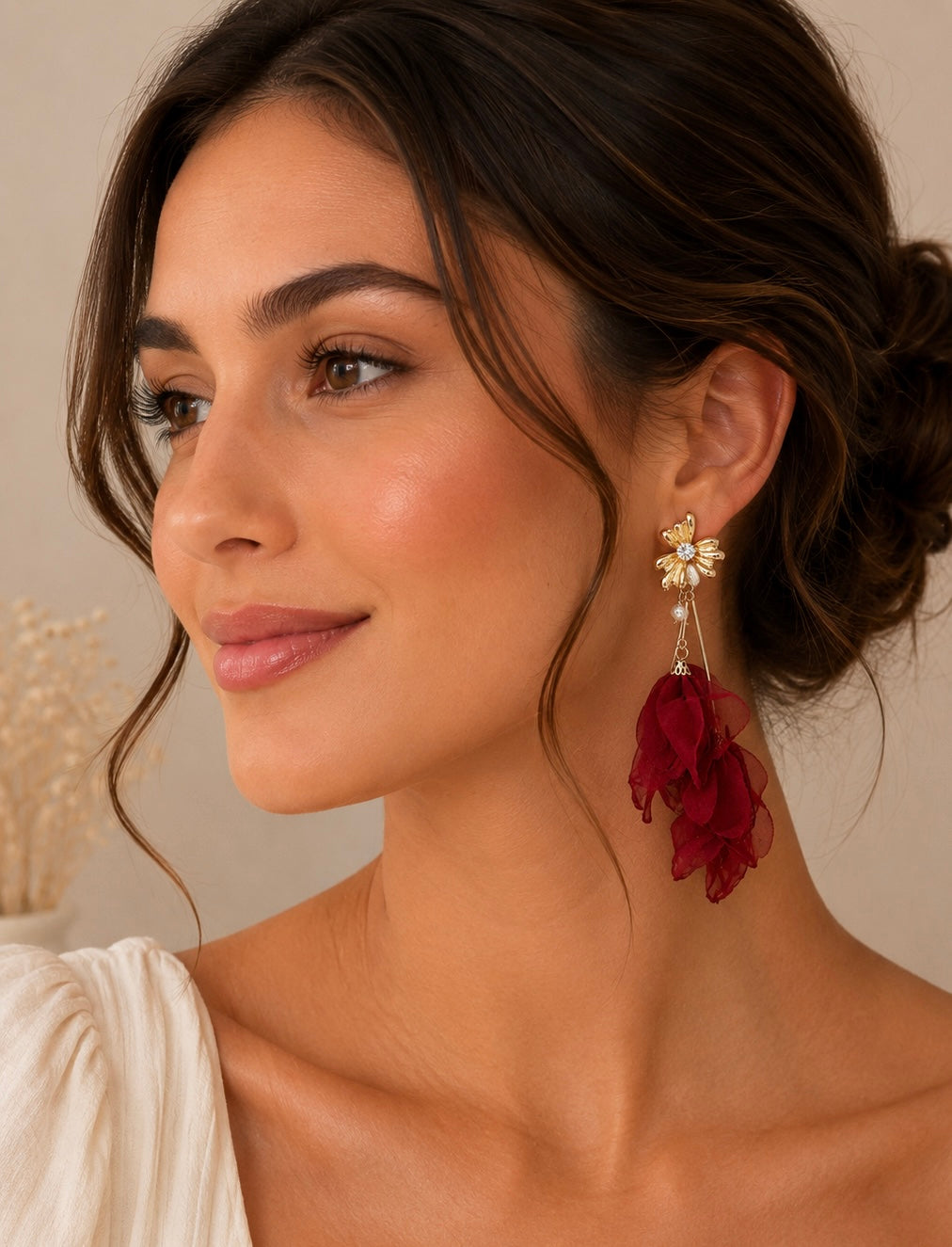 Rhinestone Chiffon Flower Statement Drop Dangle Earrings
