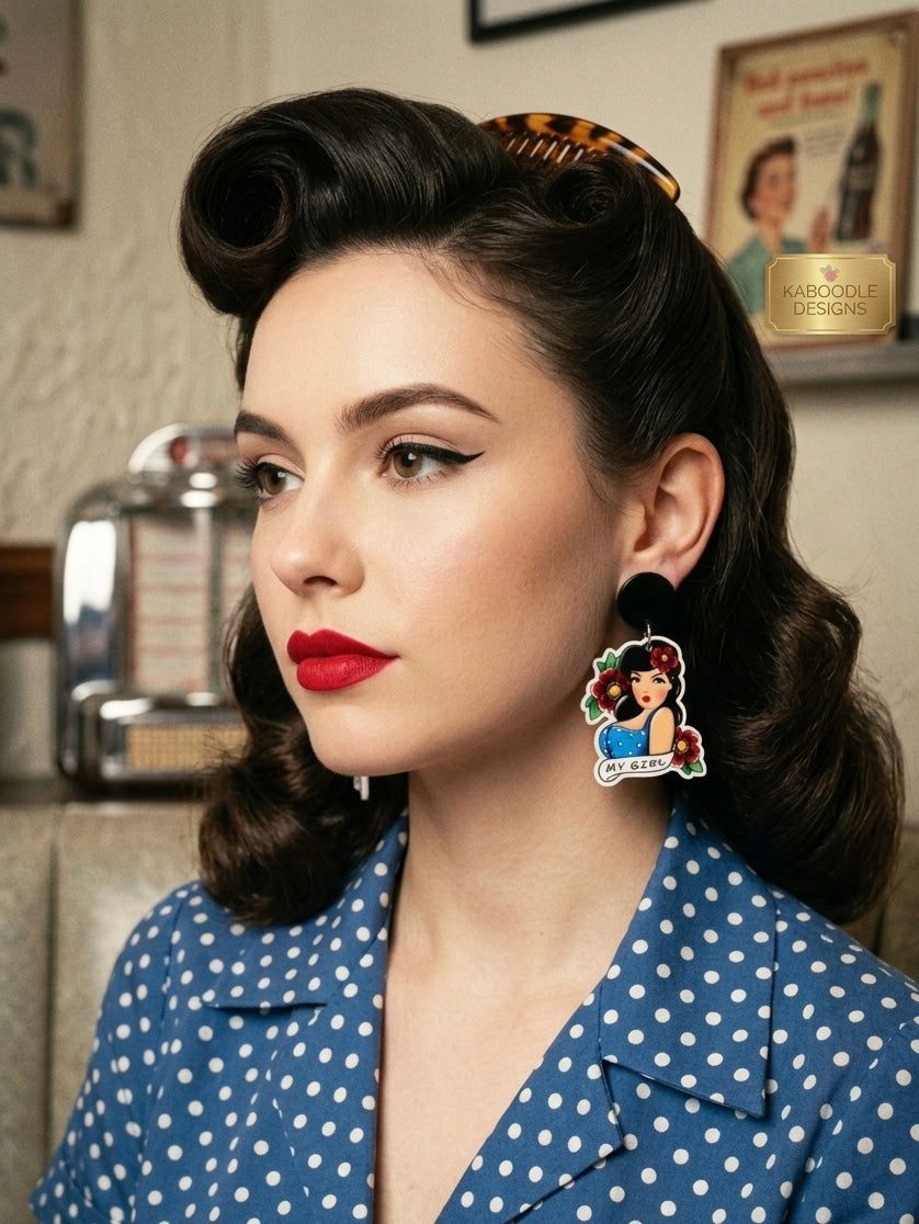 Vintage Retro Pin Up My Girl Tattoo Novelty Dangle Drop Earrings