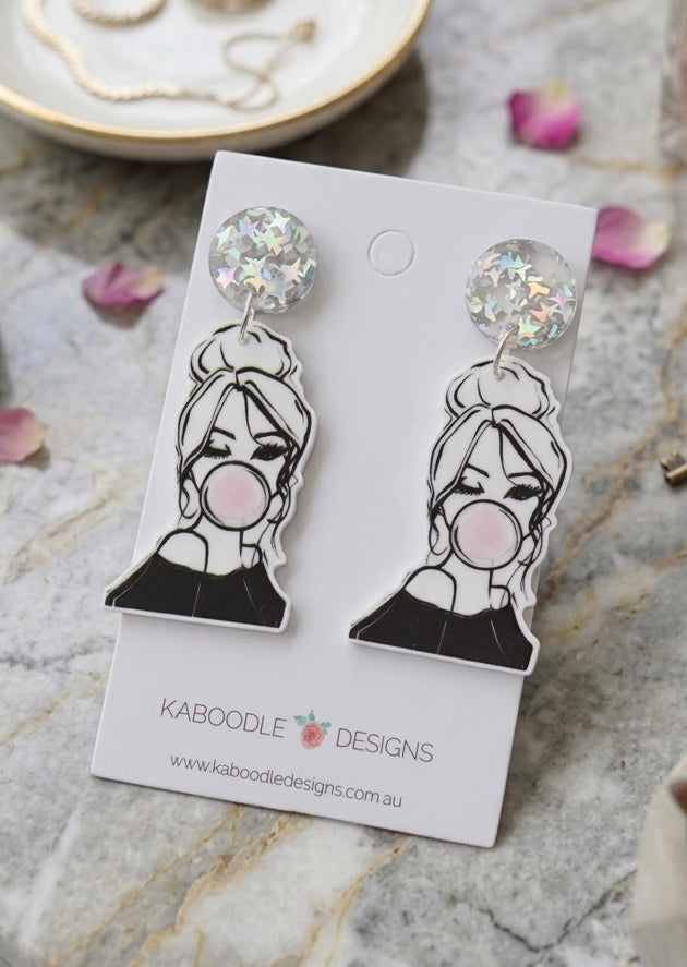Acrylic Girl With Bubble Gum Chewing Gum Drop Dangle Earrings