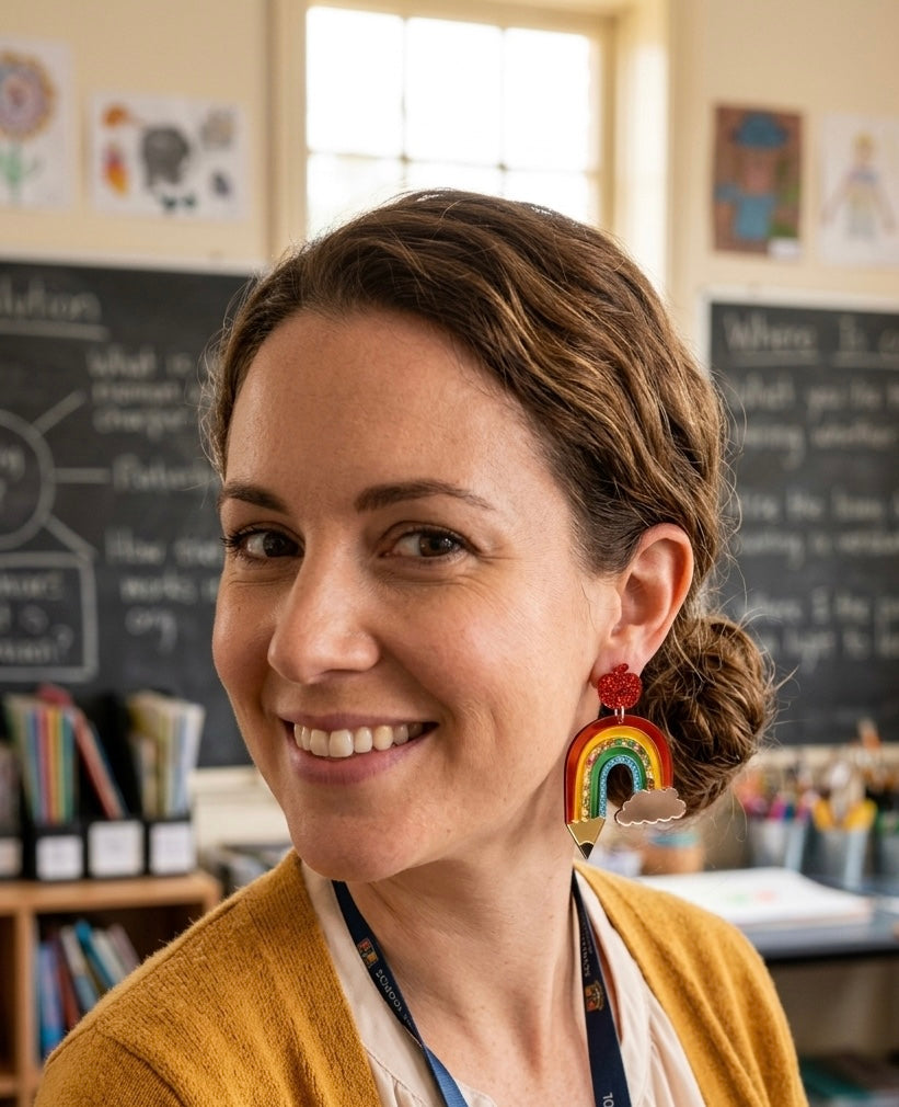 Teacher Earrings - Rainbow Pencil, Cloud and Apple Drop Dangles
