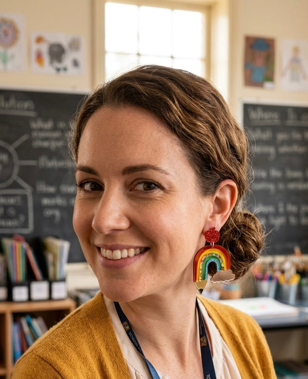 Teacher Earrings - Rainbow Pencil, Cloud and Apple Drop Dangles