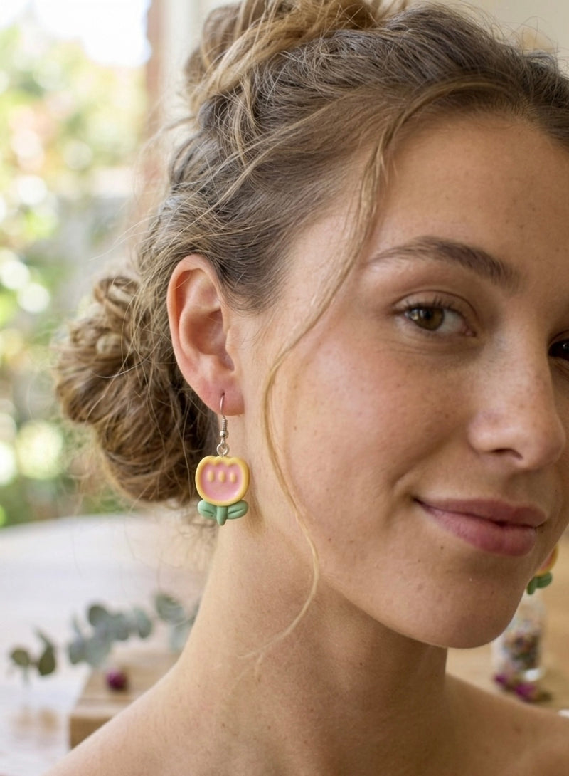 Tulip Flower Drop Dangle Earrings - Pink and Yellow