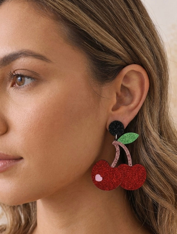 Cherry Earrings - Acrylic Glitter Red Dangle Drops