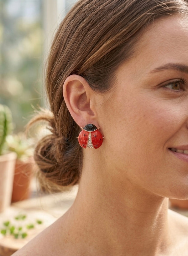 Ladybird Ladybug Beetle Enamel Rhinestone Stud Earrings