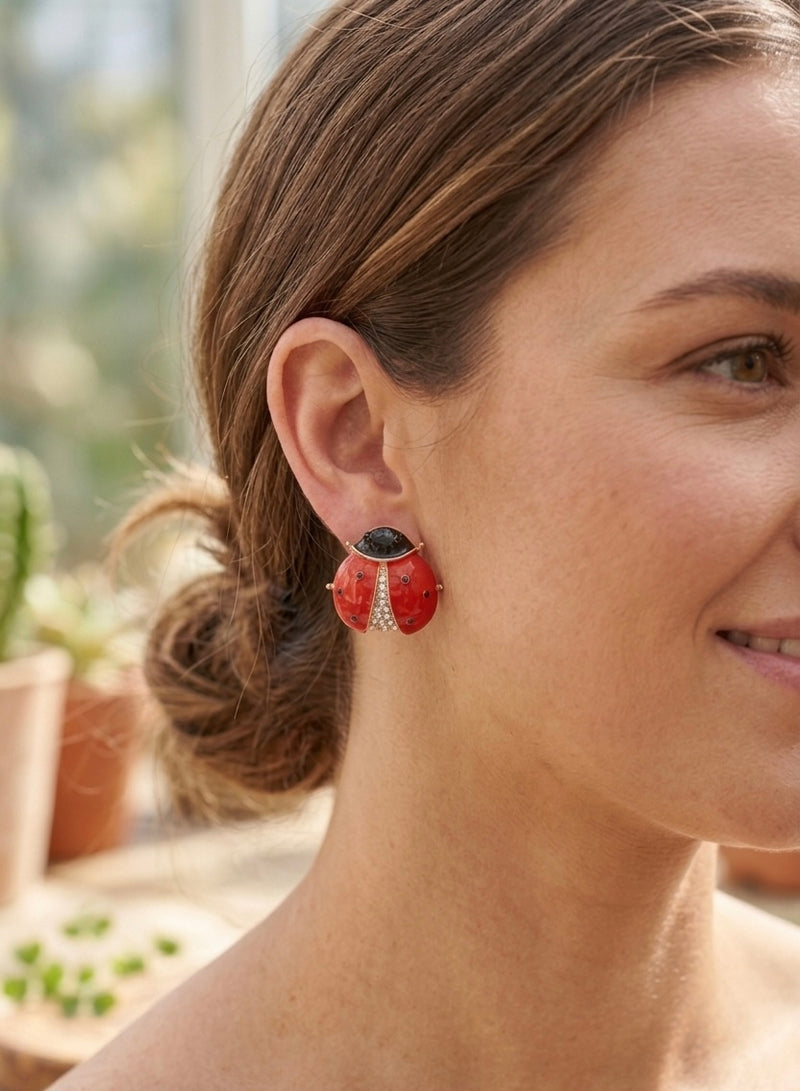 Ladybird Ladybug Beetle Enamel Rhinestone Stud Earrings