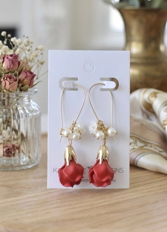 Red Rose Flower Love Faux Pearl Drop Dangle Earrings