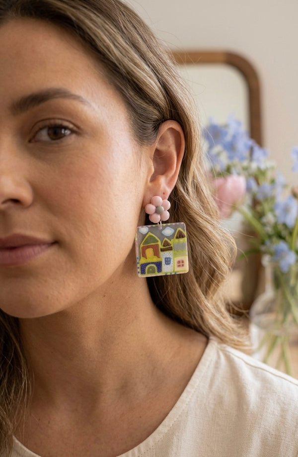 Acrylic Art House Drop Dangle Earrings