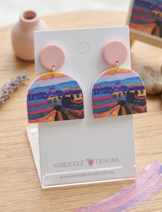 Geometric Rainbow Landscape Painting Style Statement Drop Dangle Earrings
