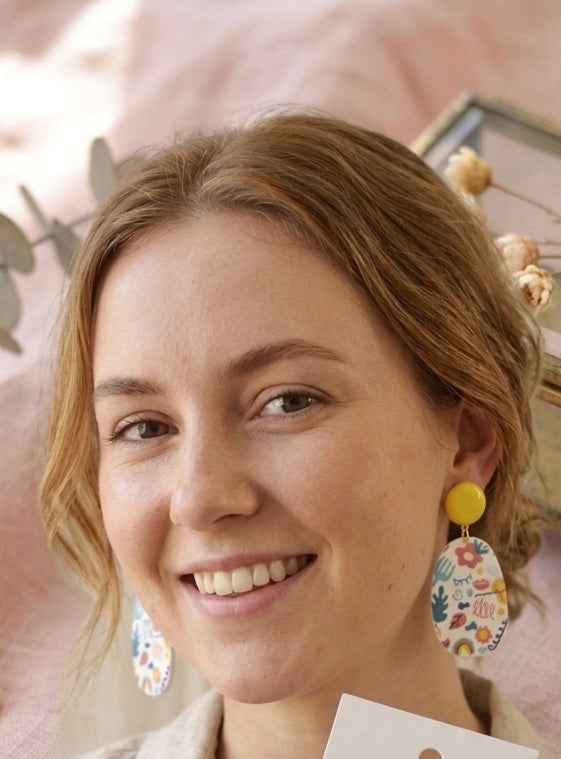 Geometric Mustard Boho Flowers and Patterns Drop Dangle Earrings